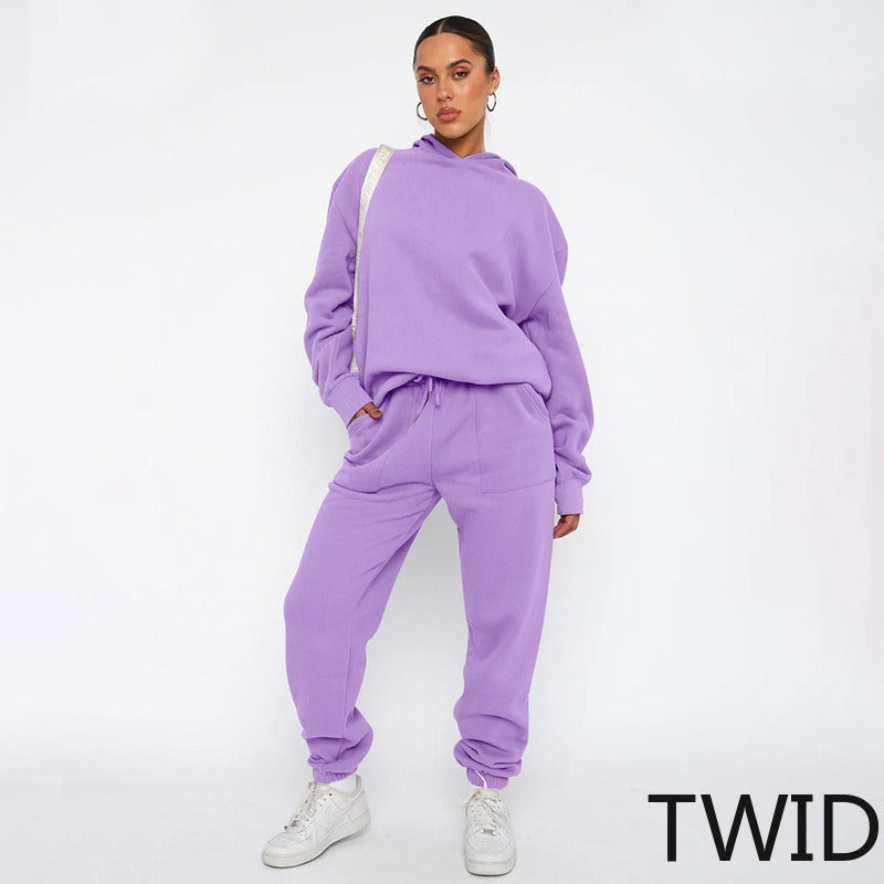 MH0317 Solid Color Hooded Long Sleeve Sweater Set