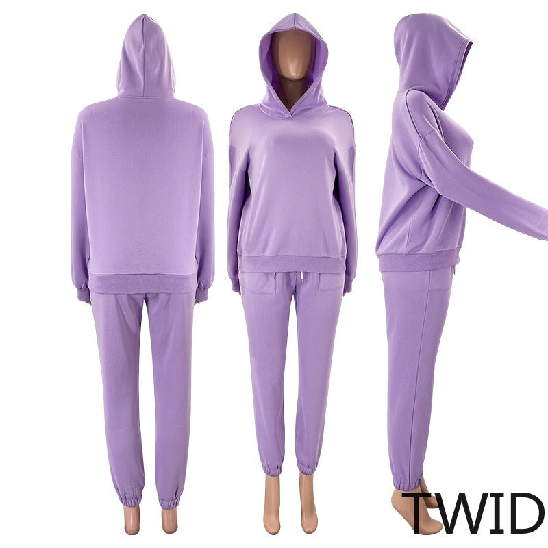 MH0317 Solid Color Hooded Long Sleeve Sweater Set