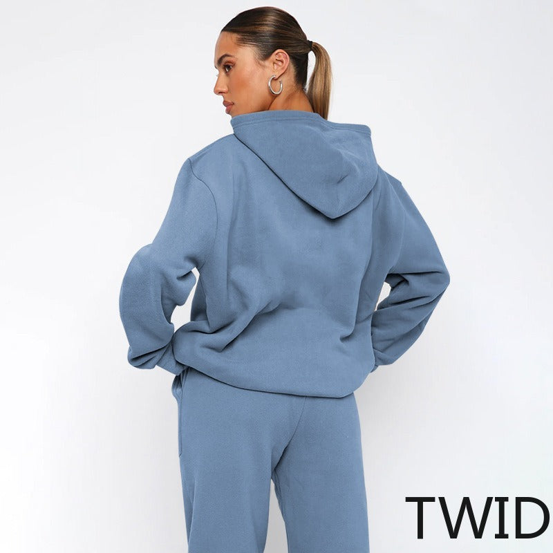 MH0317 Solid Color Hooded Long Sleeve Sweater Set