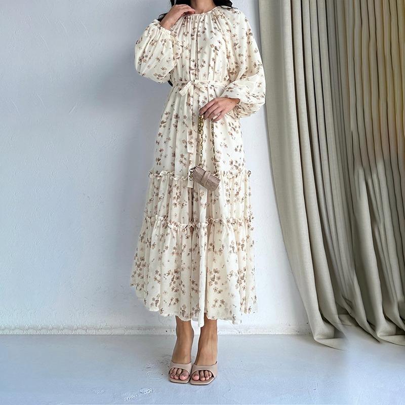 MH1684 Floral Print Long Stylish Elegant Dress with Belt