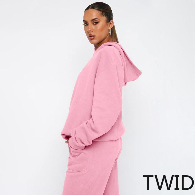 MH0317 Solid Color Hooded Long Sleeve Sweater Set