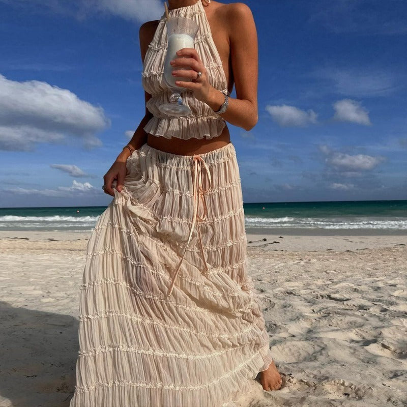MH0333 Backless neck strap pleated lace dress set