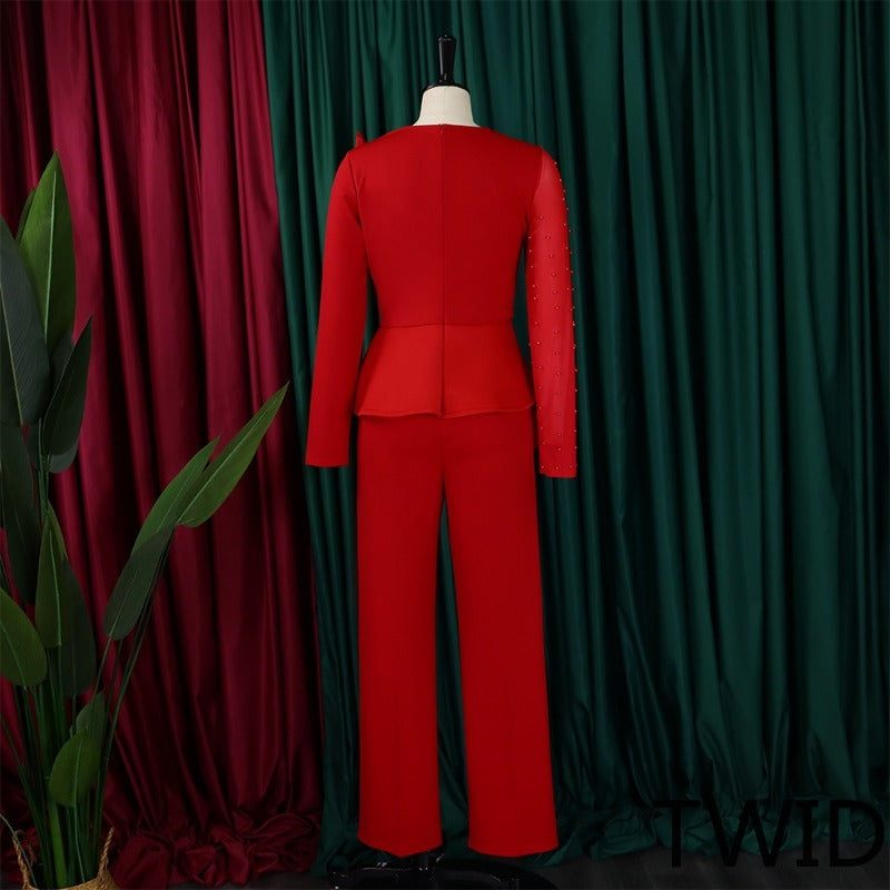 MH0369 Splicing mesh beads waist thin large size jumpsuit