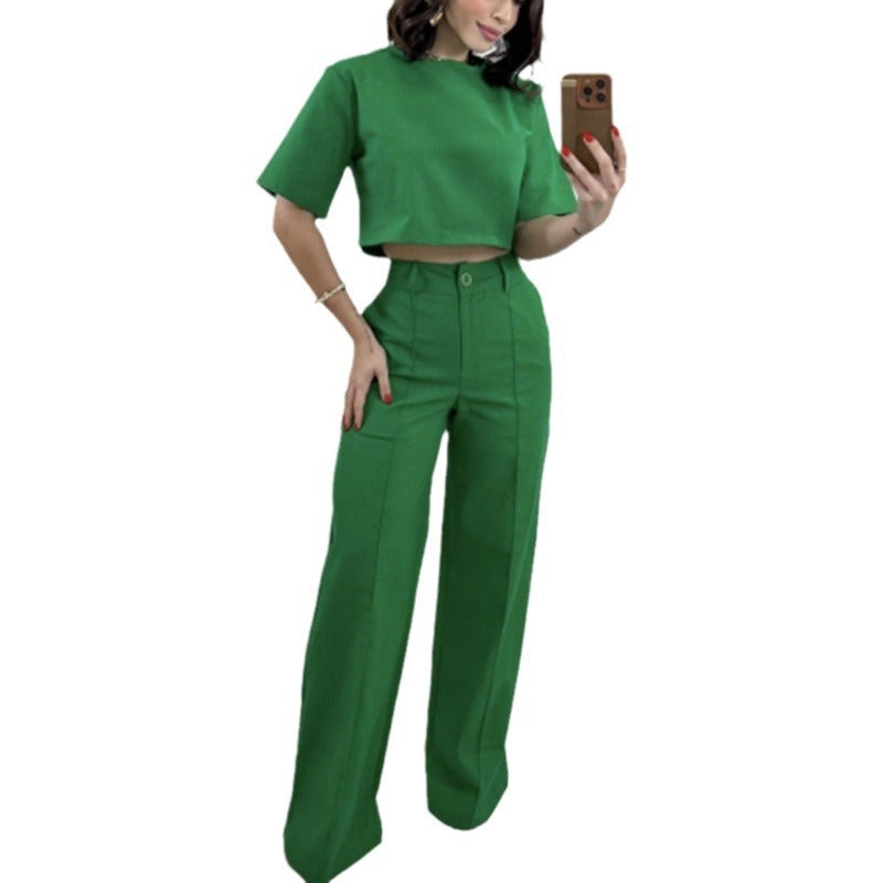 MH0007 Cotton and linen short top high waist wide leg suit pants