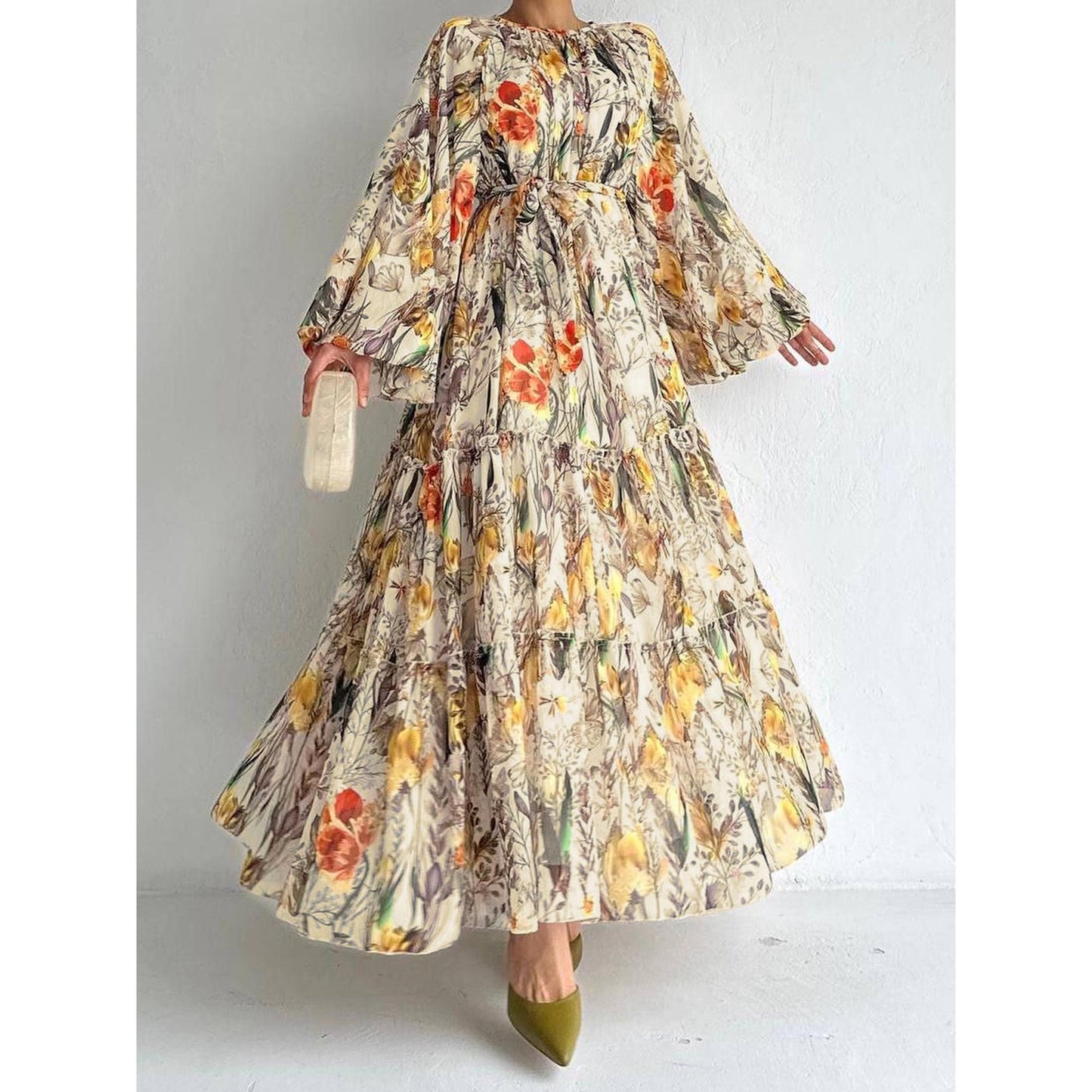 MH1842 Flower print long-sleeved temperament dress
