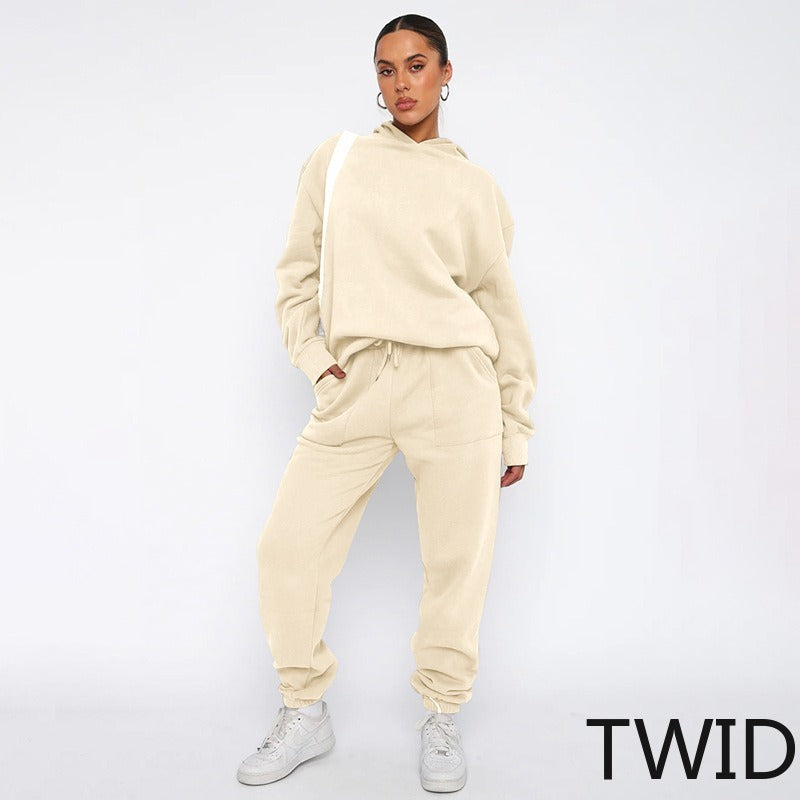 MH0317 Solid Color Hooded Long Sleeve Sweater Set
