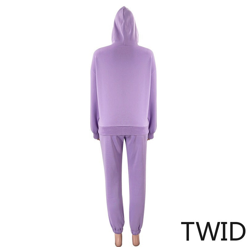MH0317 Solid Color Hooded Long Sleeve Sweater Set