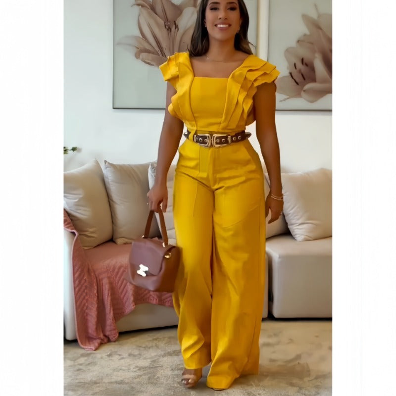 MH0024 ruffle edge short-sleeved top, hip-showing high-waisted wide-leg pants two-piece set