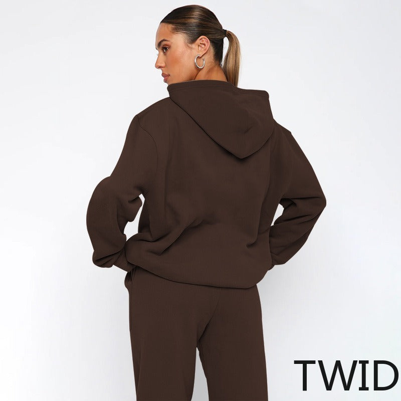 MH0317 Solid Color Hooded Long Sleeve Sweater Set