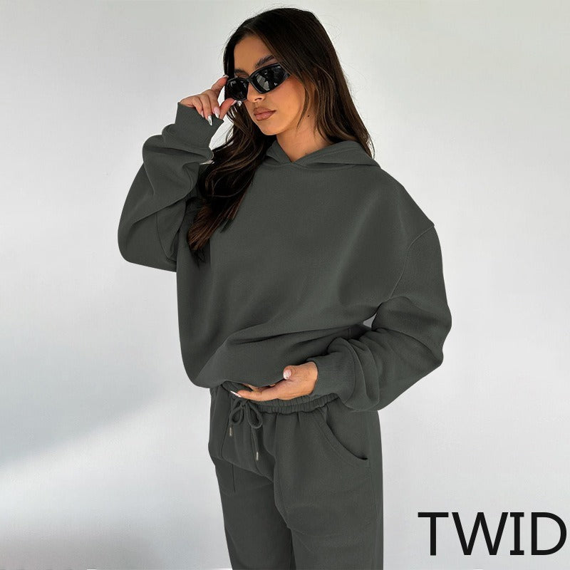 MH0317 Solid Color Hooded Long Sleeve Sweater Set