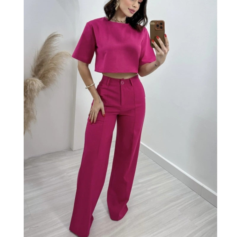 MH0007 Cotton and linen short top high waist wide leg suit pants