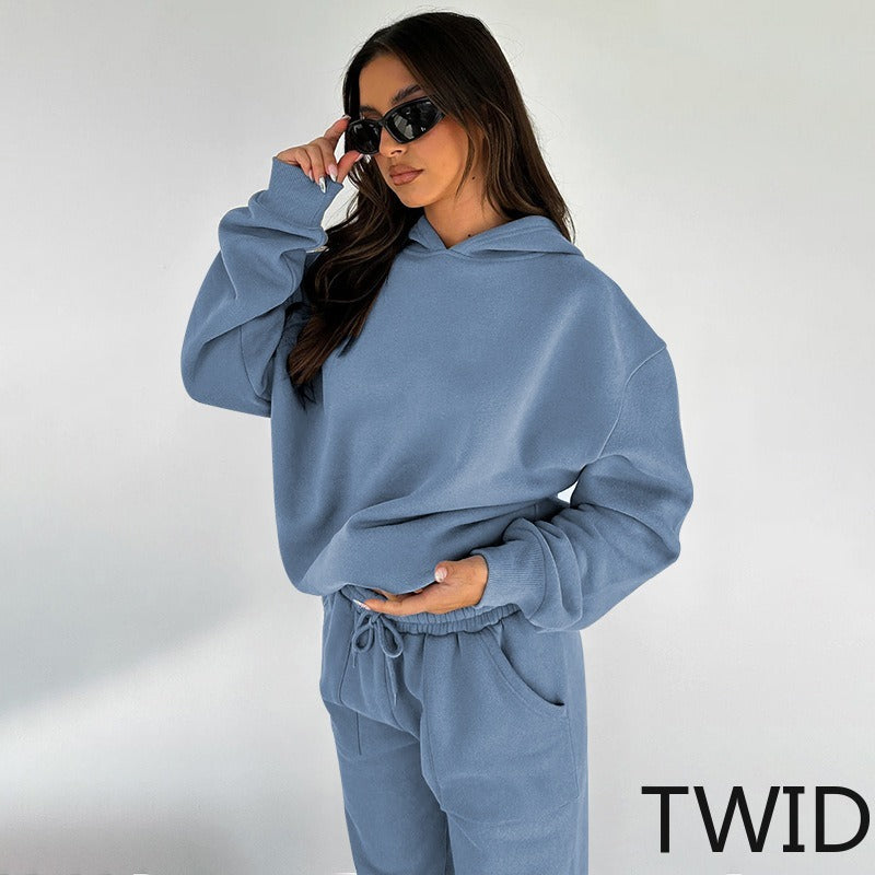MH0317 Solid Color Hooded Long Sleeve Sweater Set