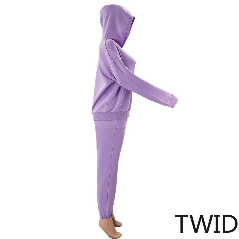 MH0317 Solid Color Hooded Long Sleeve Sweater Set