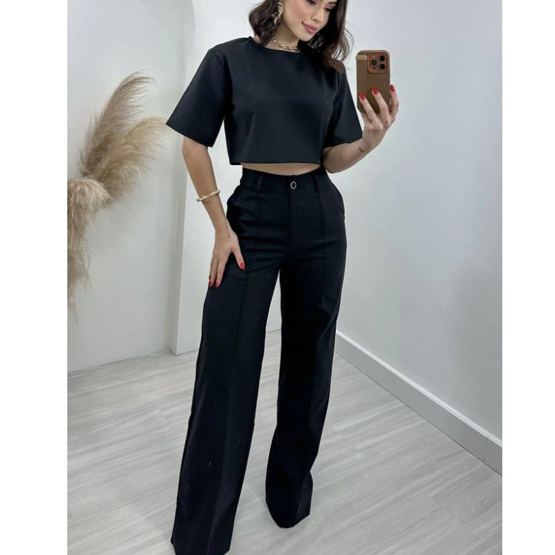 MH0007 Cotton and linen short top high waist wide leg suit pants
