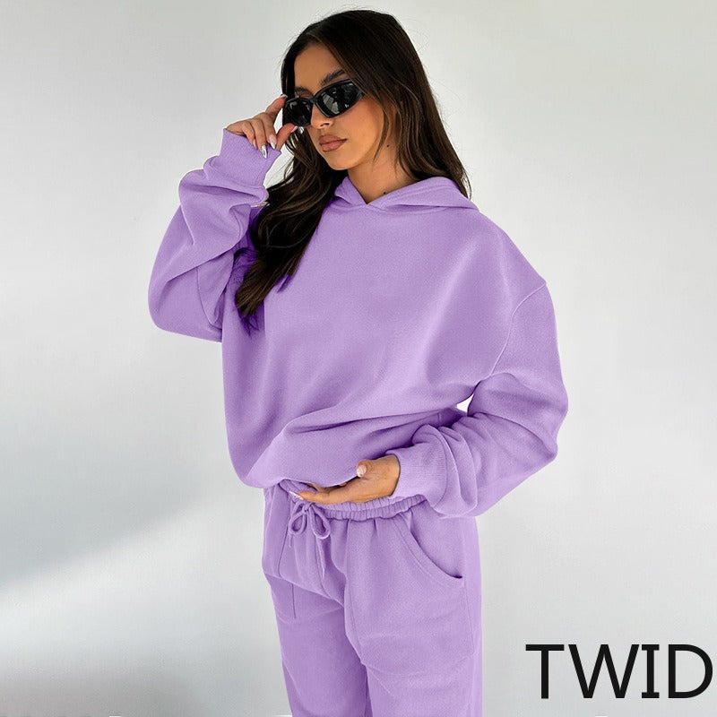 MH0317 Solid Color Hooded Long Sleeve Sweater Set
