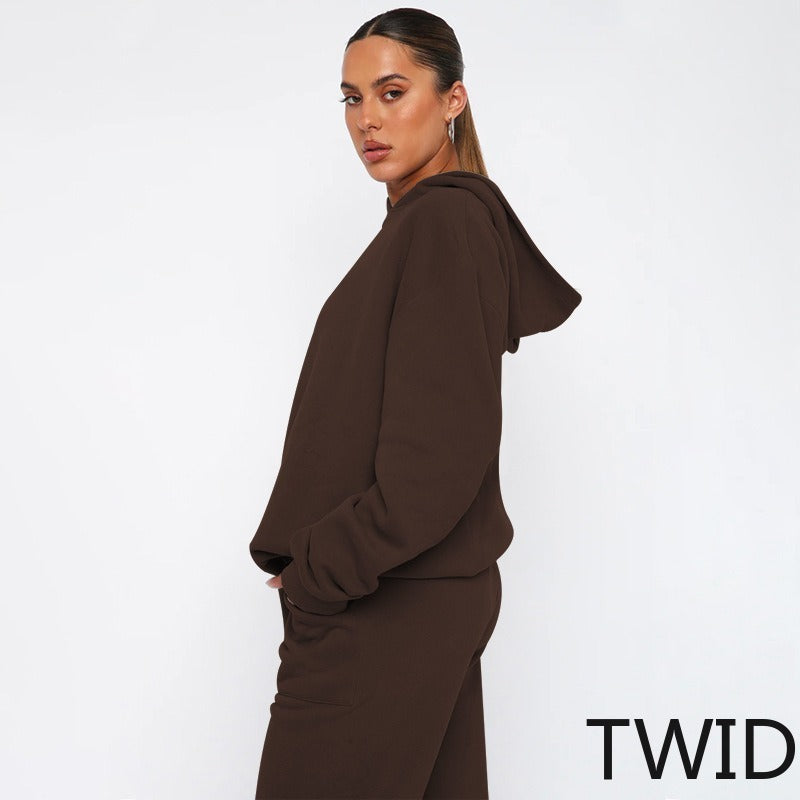 MH0317 Solid Color Hooded Long Sleeve Sweater Set
