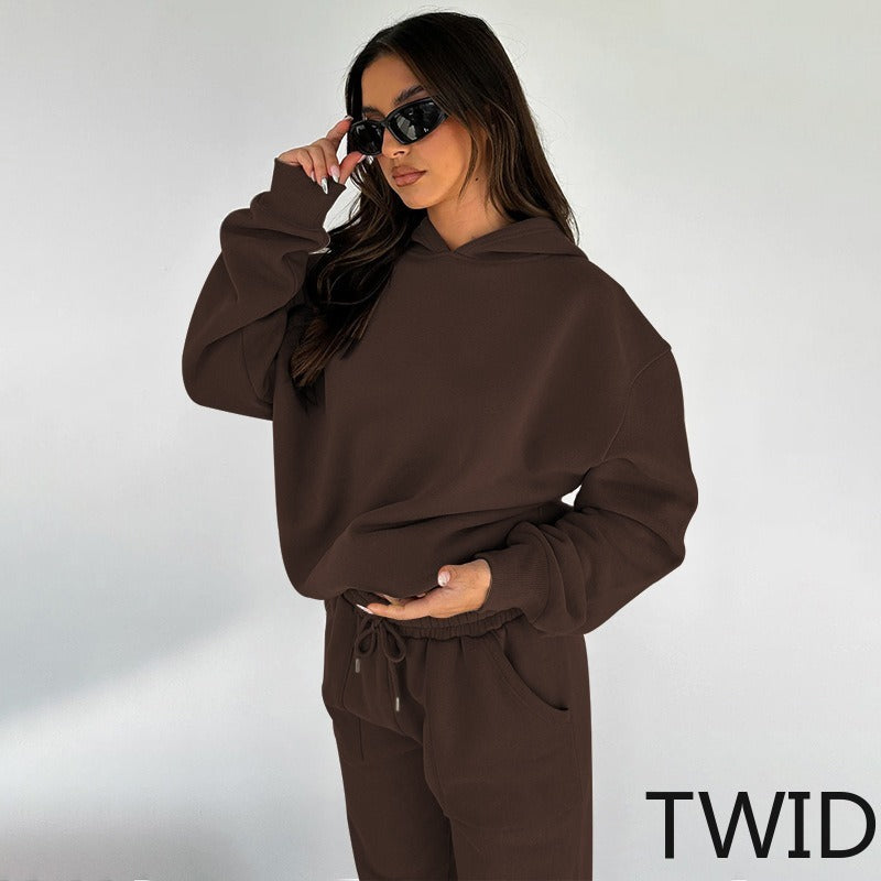 MH0317 Solid Color Hooded Long Sleeve Sweater Set