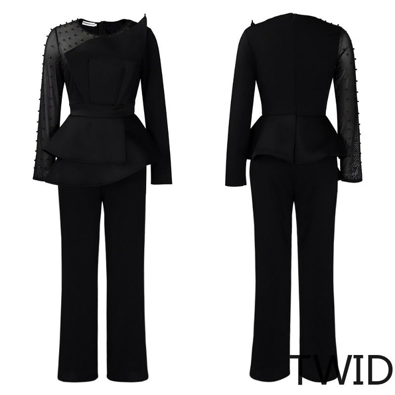 MH0369 Splicing mesh beads waist thin large size jumpsuit