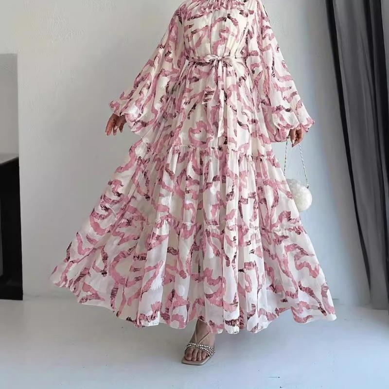MH1666chiffon printed long fashionable with belt