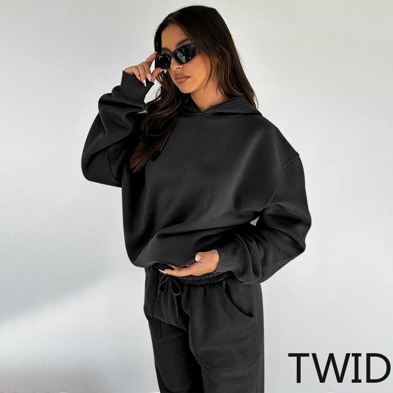 MH0317 Solid Color Hooded Long Sleeve Sweater Set