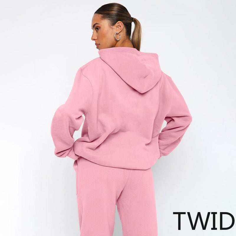 MH0317 Solid Color Hooded Long Sleeve Sweater Set
