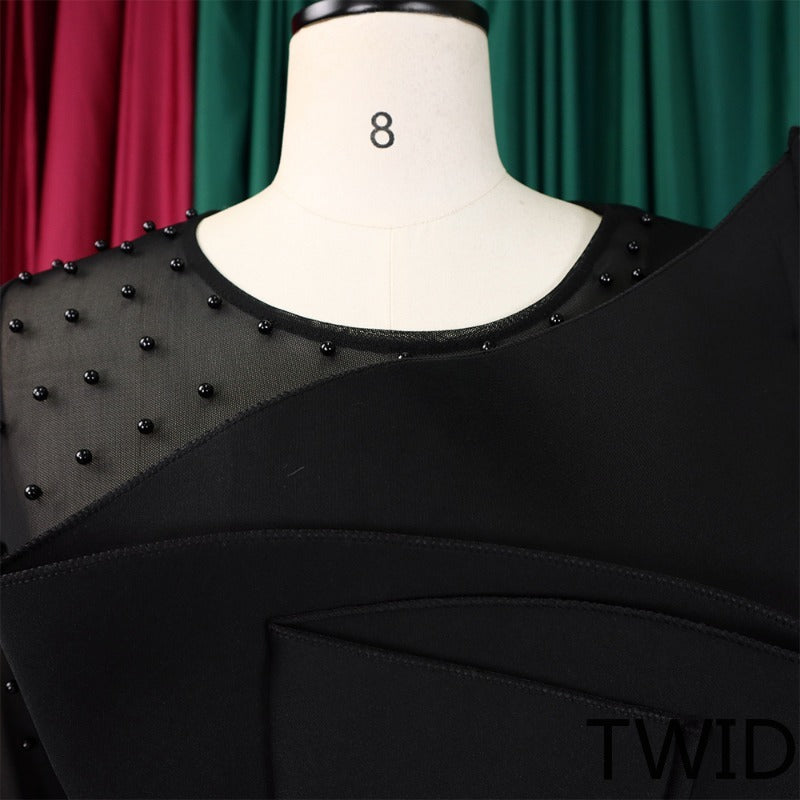 MH0369 Splicing mesh beads waist thin large size jumpsuit