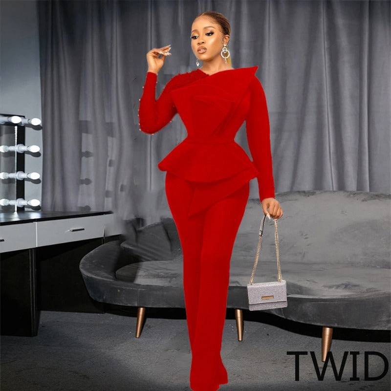 MH0369 Splicing mesh beads waist thin large size jumpsuit