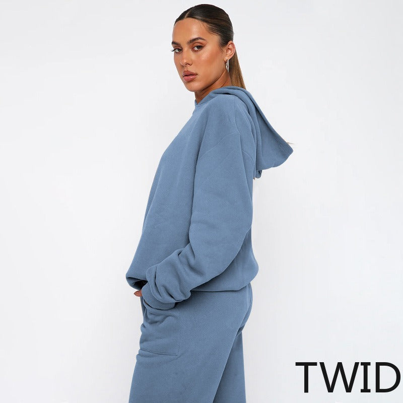 MH0317 Solid Color Hooded Long Sleeve Sweater Set