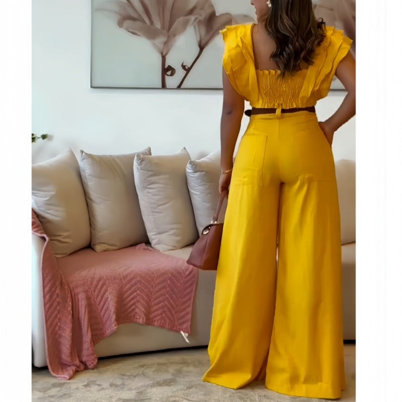 MH0024 ruffle edge short-sleeved top, hip-showing high-waisted wide-leg pants two-piece set