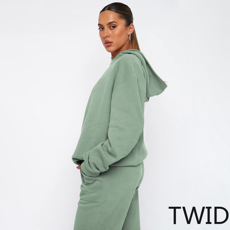 MH0317 Solid Color Hooded Long Sleeve Sweater Set