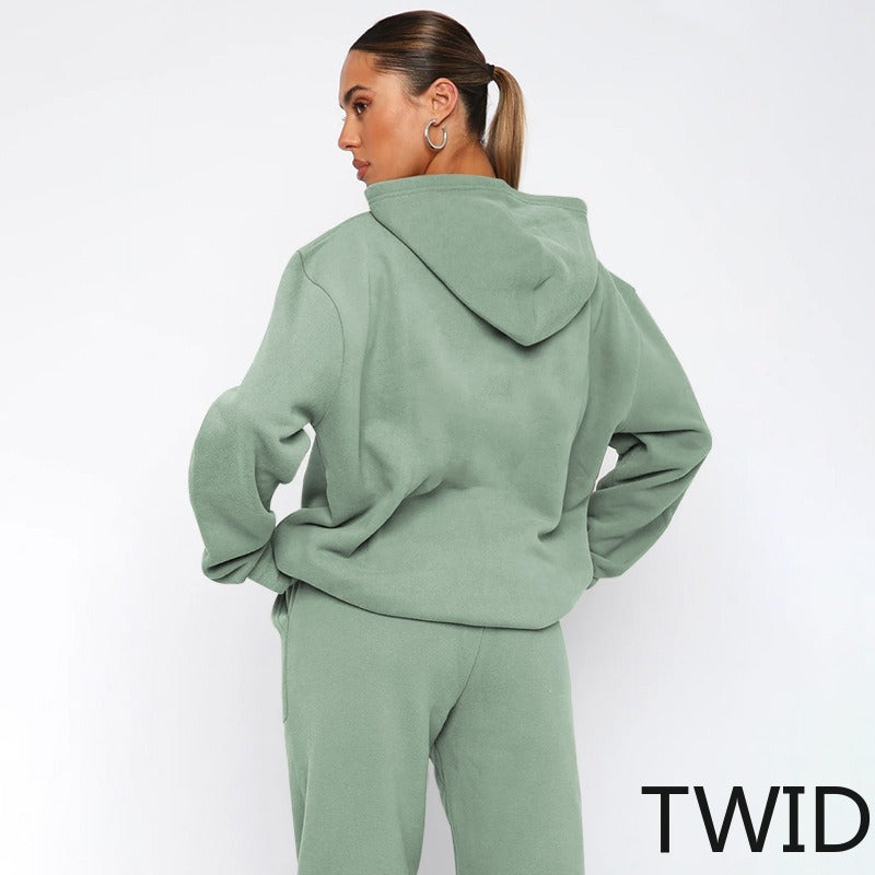 MH0317 Solid Color Hooded Long Sleeve Sweater Set