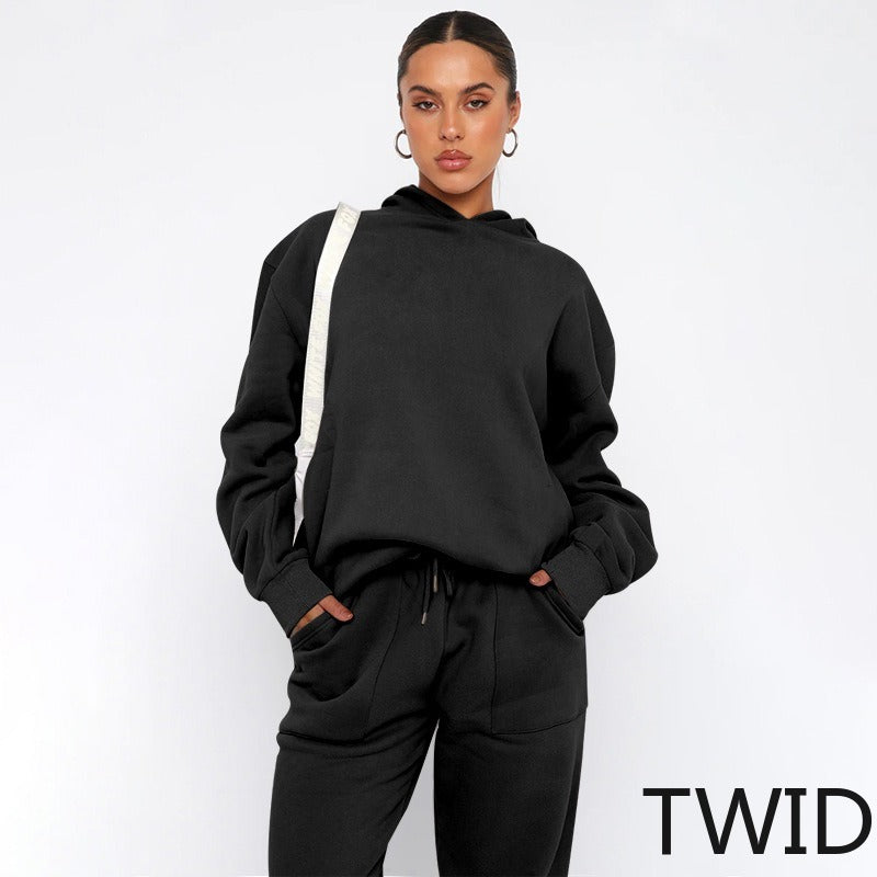 MH0317 Solid Color Hooded Long Sleeve Sweater Set