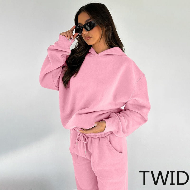 MH0317 Solid Color Hooded Long Sleeve Sweater Set