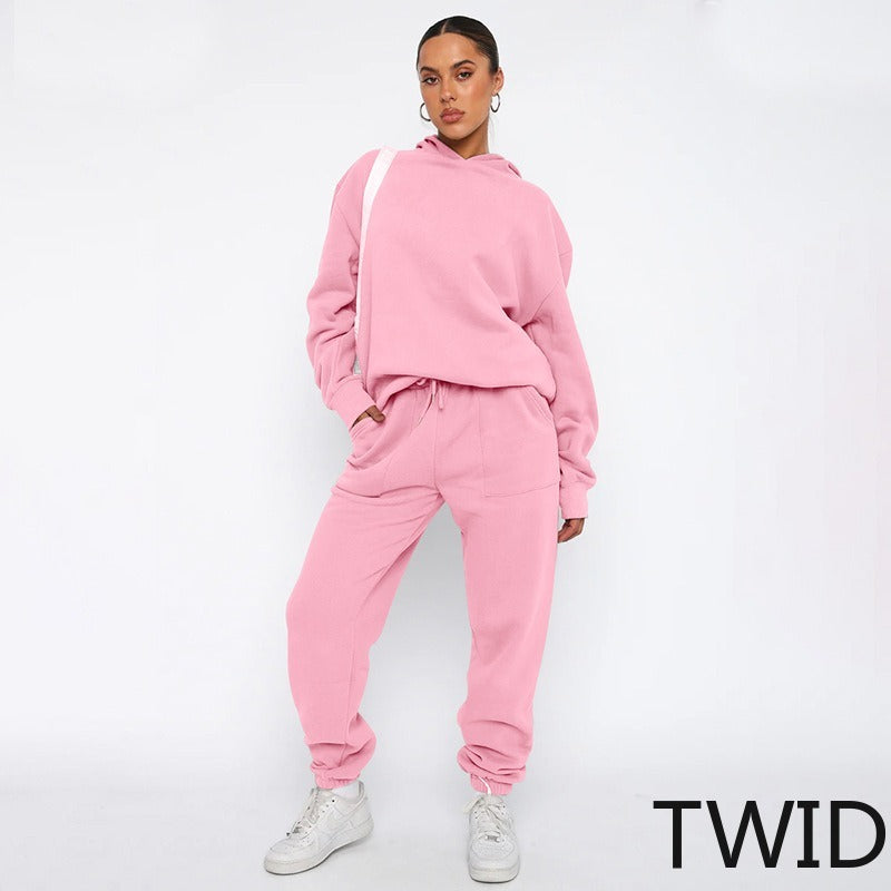 MH0317 Solid Color Hooded Long Sleeve Sweater Set