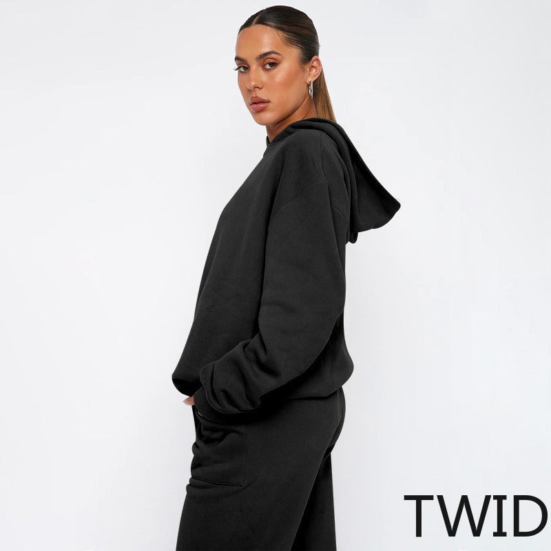 MH0317 Solid Color Hooded Long Sleeve Sweater Set