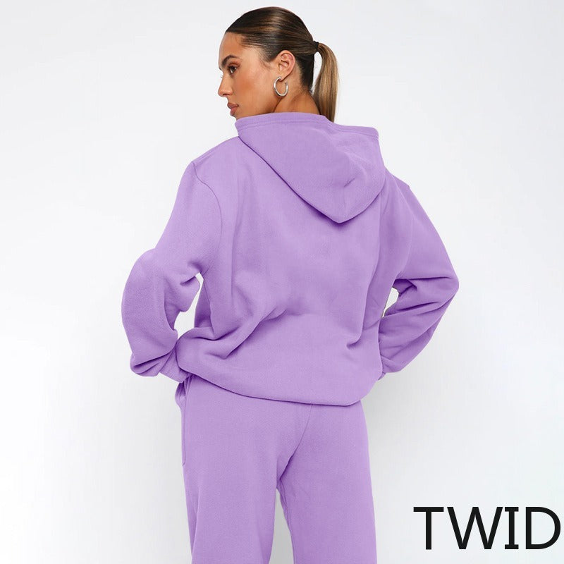 MH0317 Solid Color Hooded Long Sleeve Sweater Set