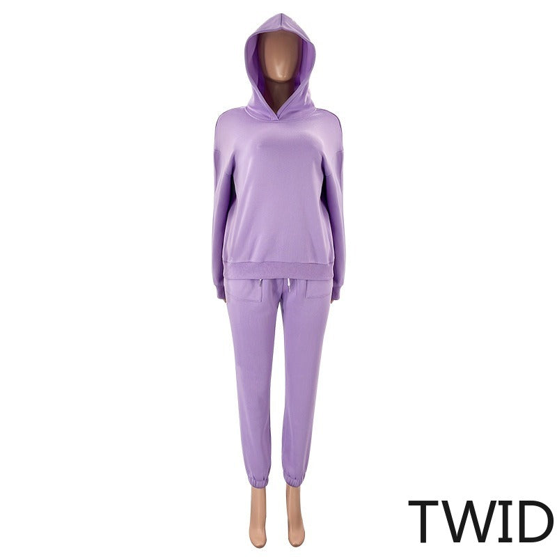 MH0317 Solid Color Hooded Long Sleeve Sweater Set