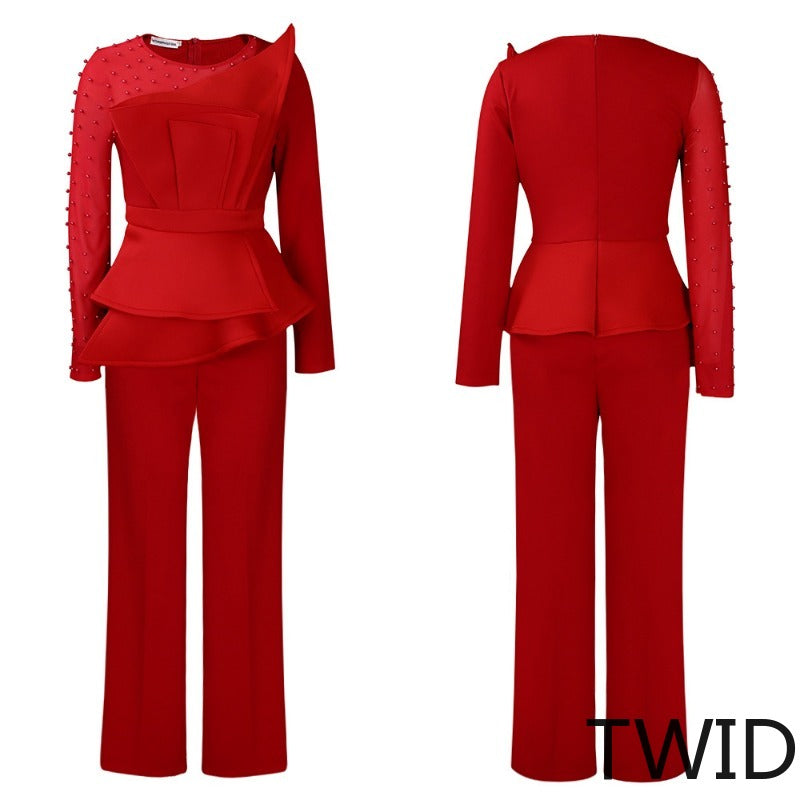 MH0369 Splicing mesh beads waist thin large size jumpsuit