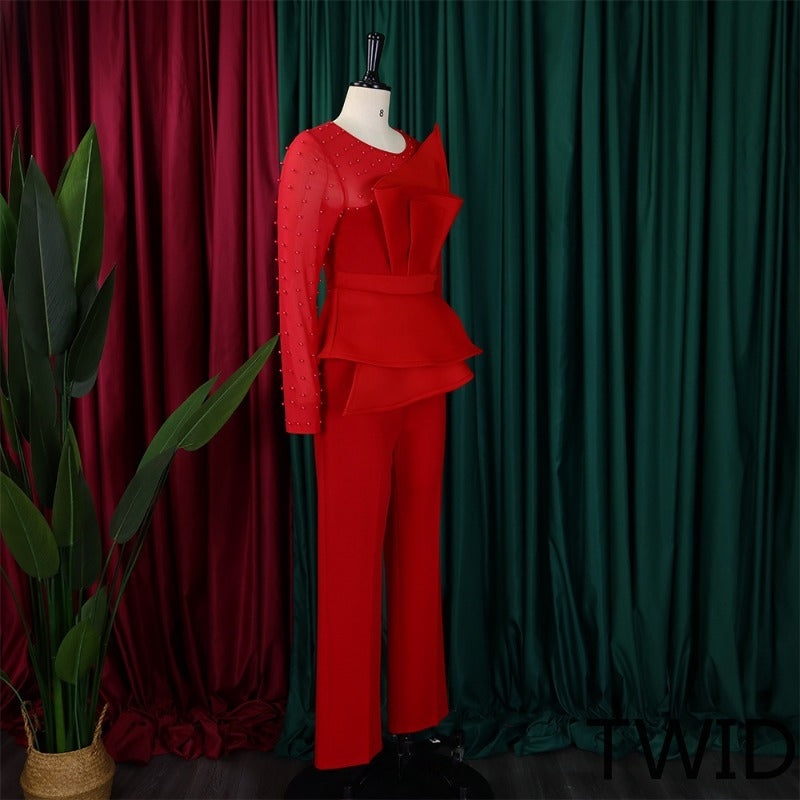 MH0369 Splicing mesh beads waist thin large size jumpsuit