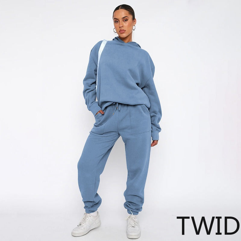 MH0317 Solid Color Hooded Long Sleeve Sweater Set