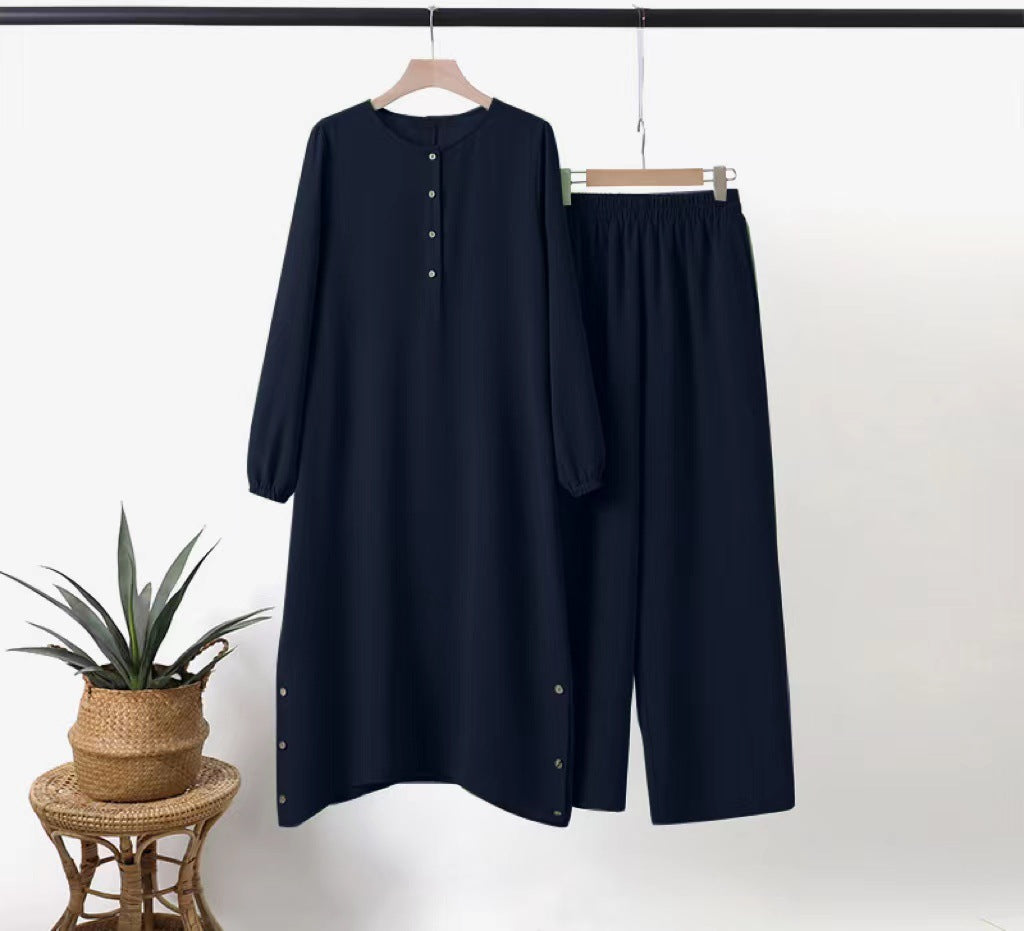 MH0082 Solid Color Long Sleeve Side Seam Decorative Wood Buckle Rubber Waist Ladies Set