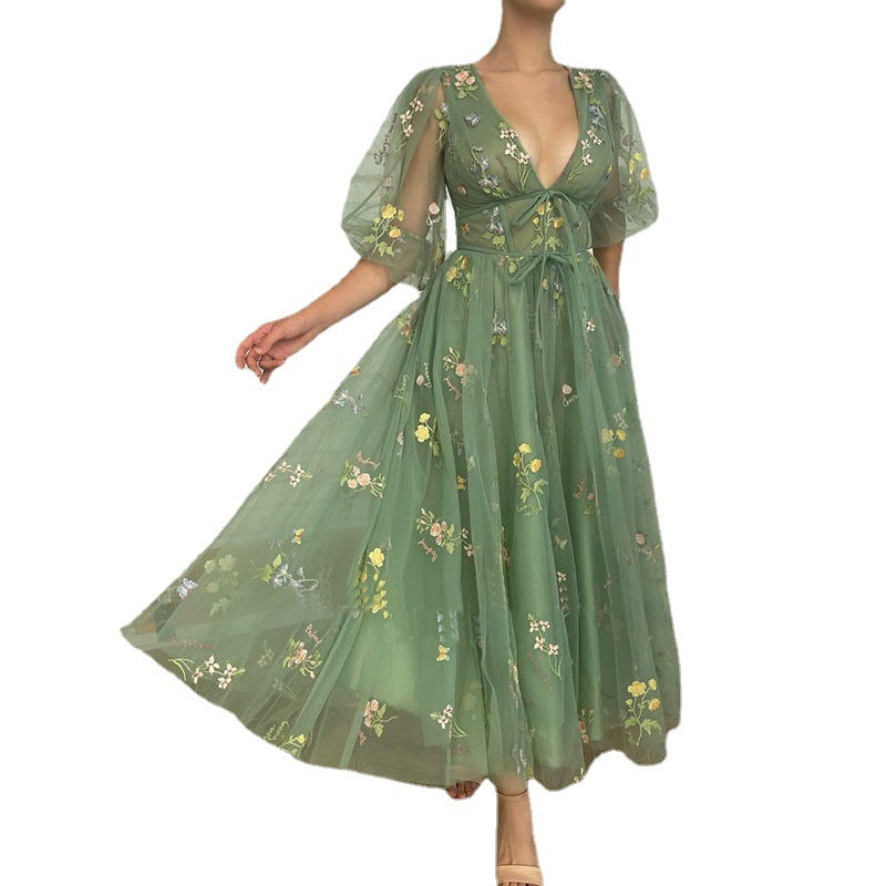 MH0430 Green Tulle Ball Dress Bubble Sleeve V-Neck Sexy Long Dress