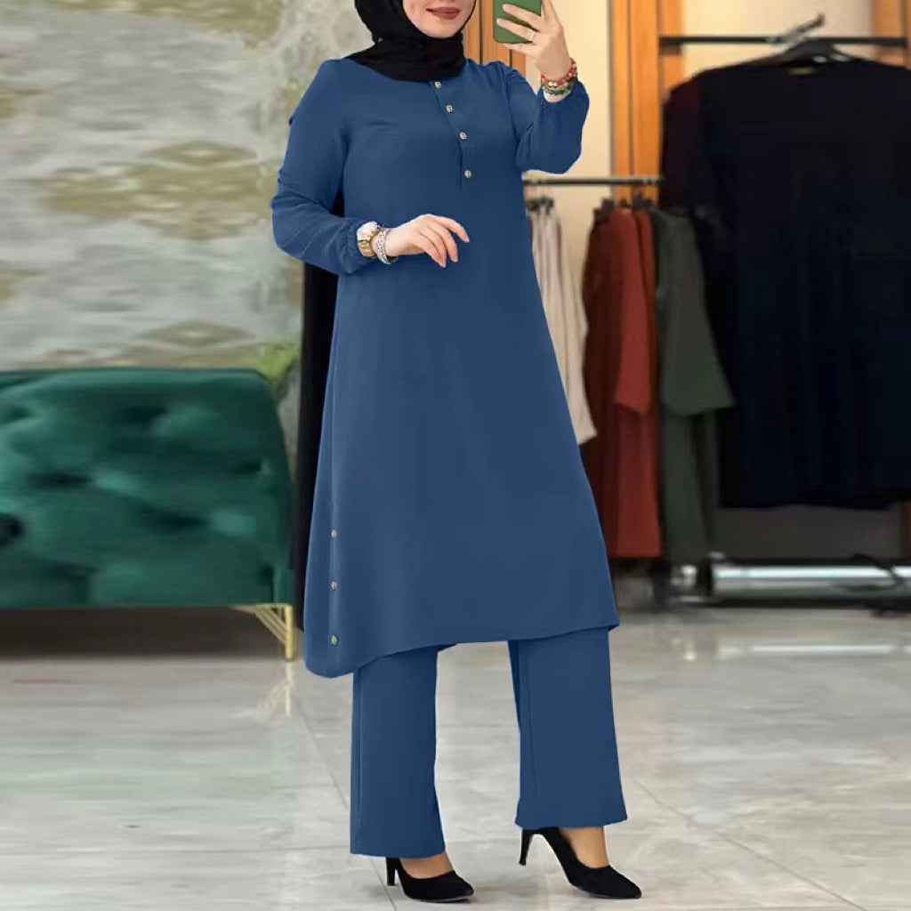 MH0082 Solid Color Long Sleeve Side Seam Decorative Wood Buckle Rubber Waist Ladies Set
