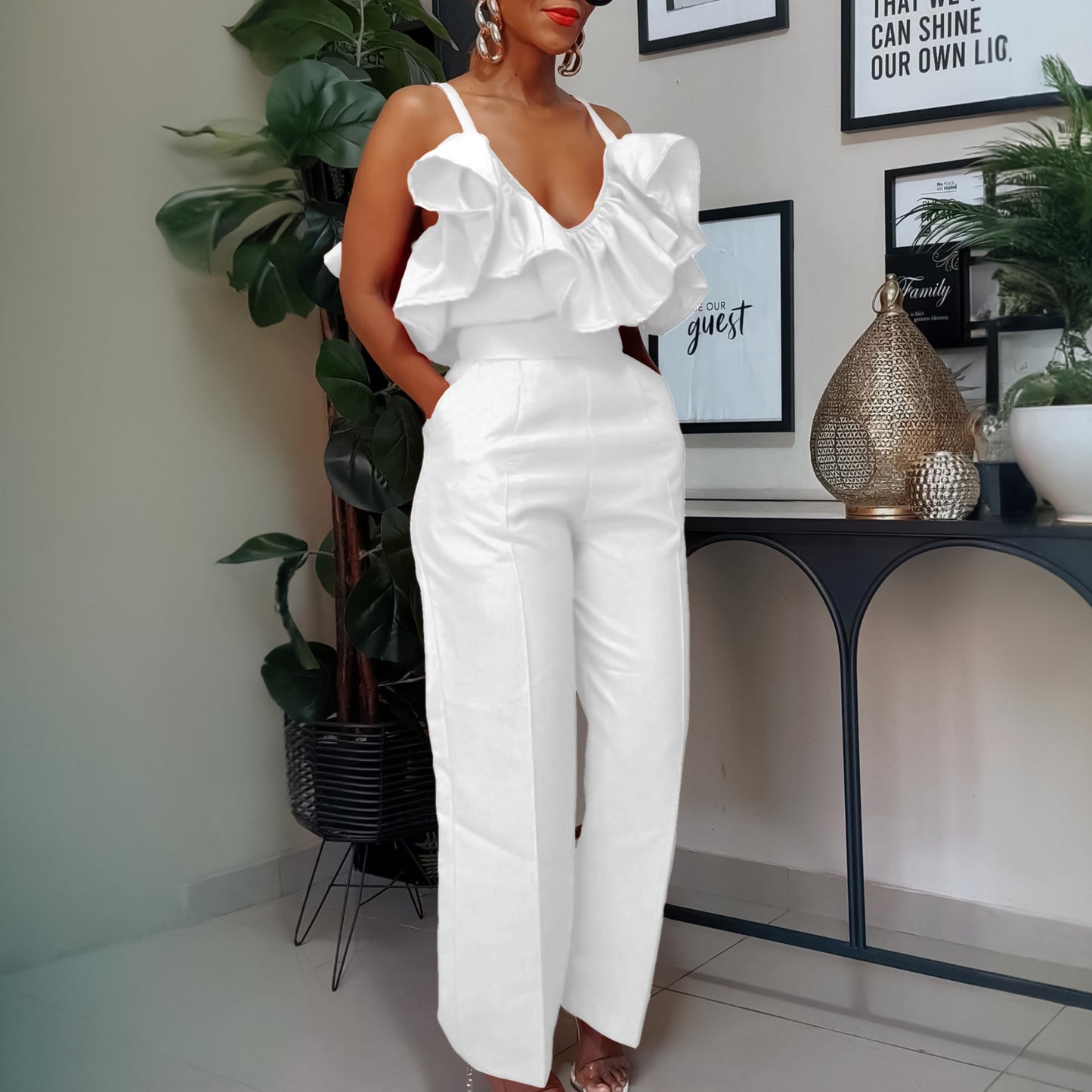 MH0375 V-neck ruffle edge suspender top high waist trousers set