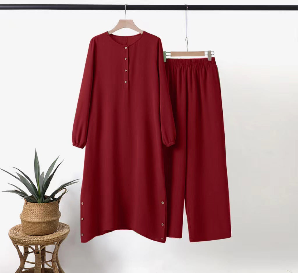 MH0082 Solid Color Long Sleeve Side Seam Decorative Wood Buckle Rubber Waist Ladies Set