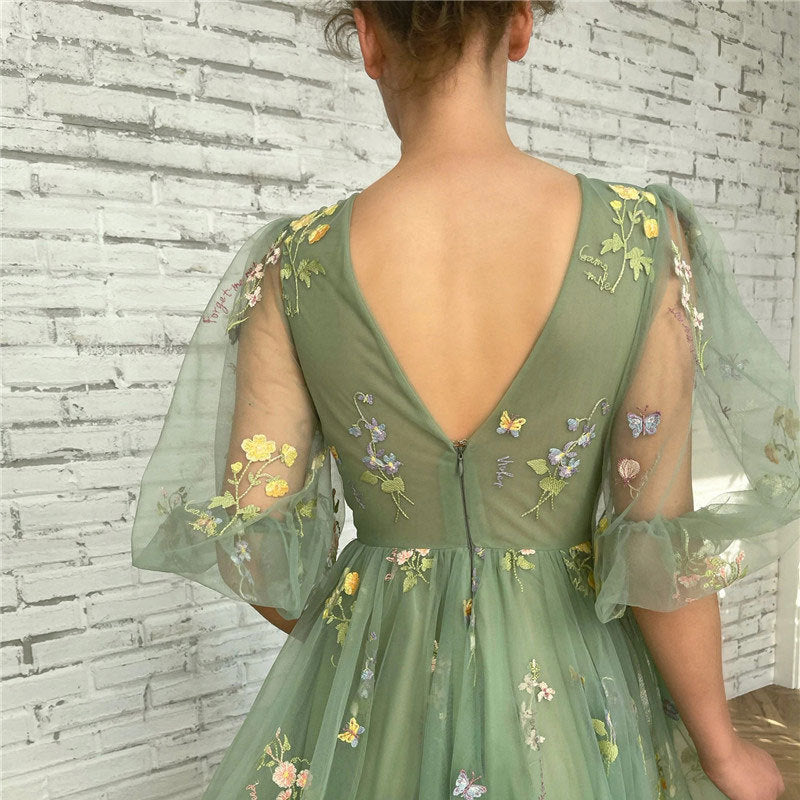 MH0430 Green Tulle Ball Dress Bubble Sleeve V-Neck Sexy Long Dress