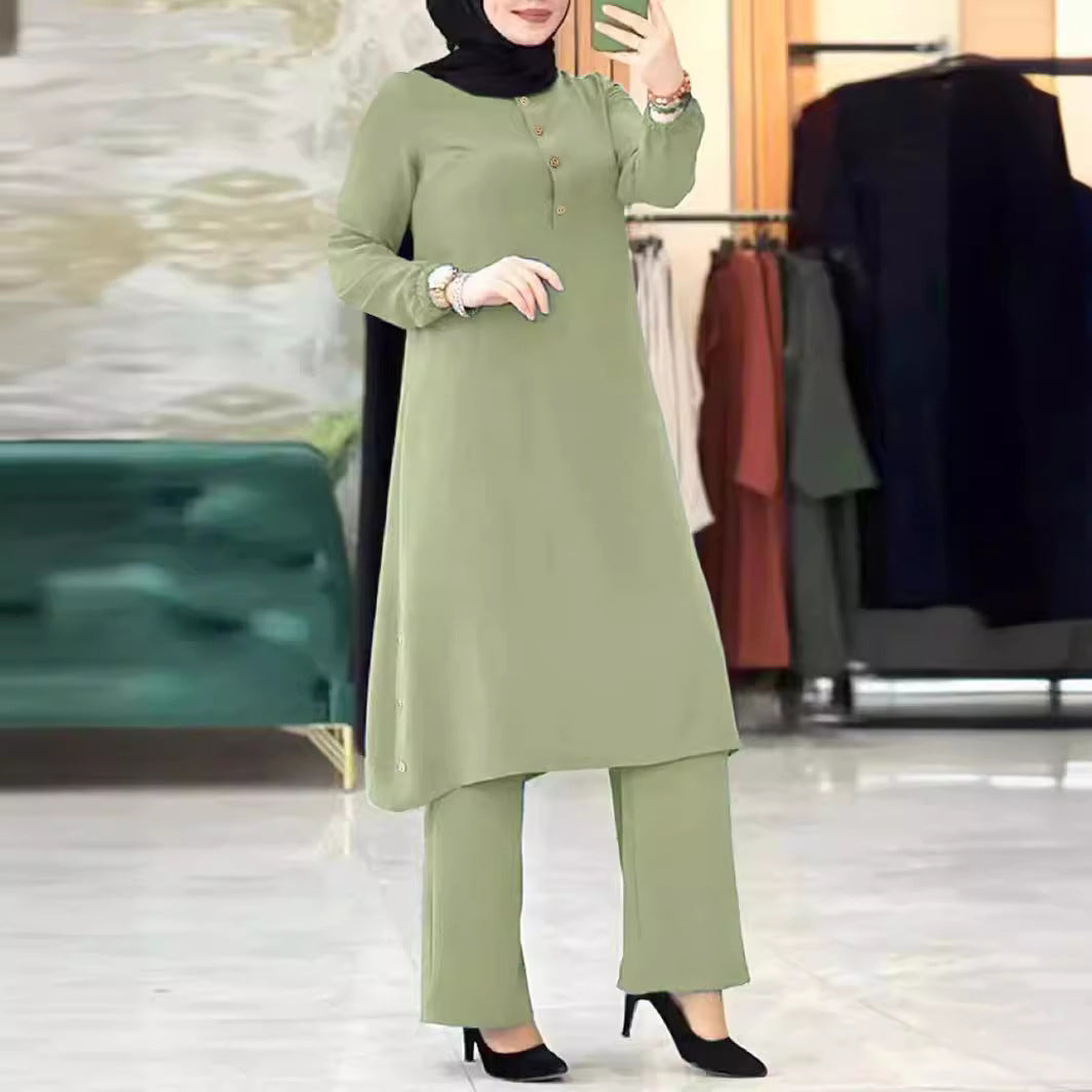 MH0082 Solid Color Long Sleeve Side Seam Decorative Wood Buckle Rubber Waist Ladies Set