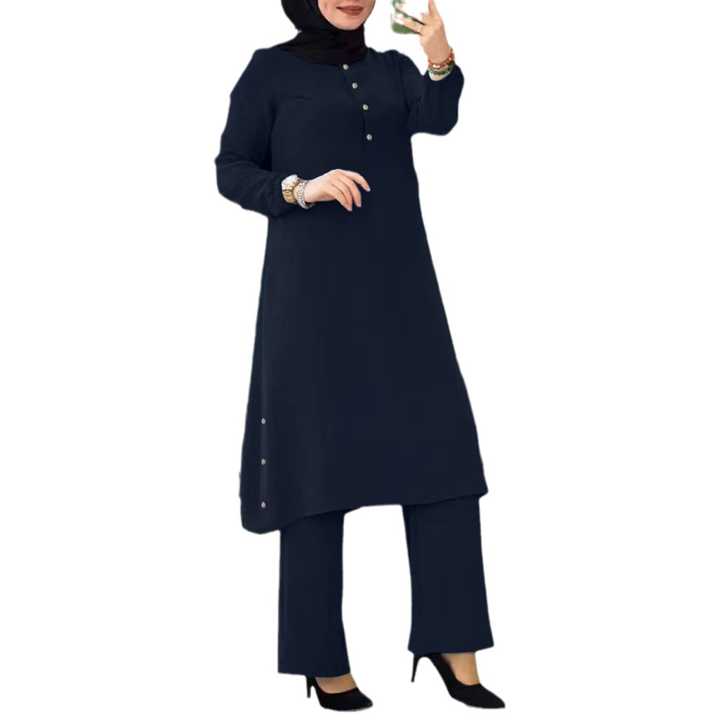 MH0082 Solid Color Long Sleeve Side Seam Decorative Wood Buckle Rubber Waist Ladies Set