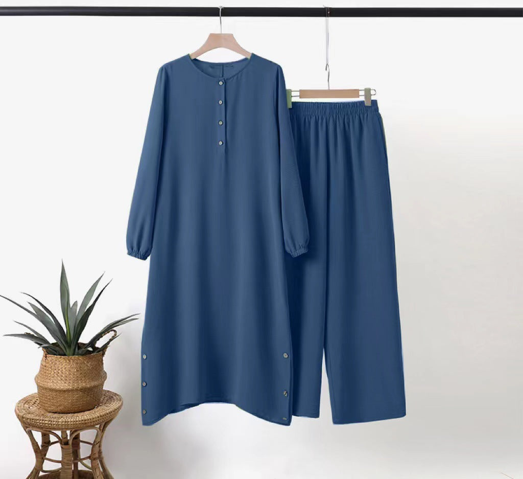 MH0082 Solid Color Long Sleeve Side Seam Decorative Wood Buckle Rubber Waist Ladies Set