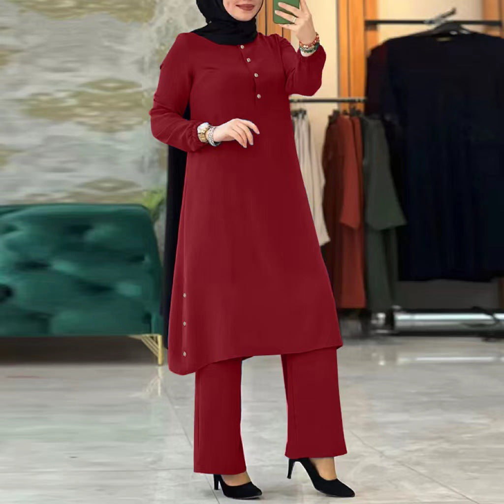 MH0082 Solid Color Long Sleeve Side Seam Decorative Wood Buckle Rubber Waist Ladies Set